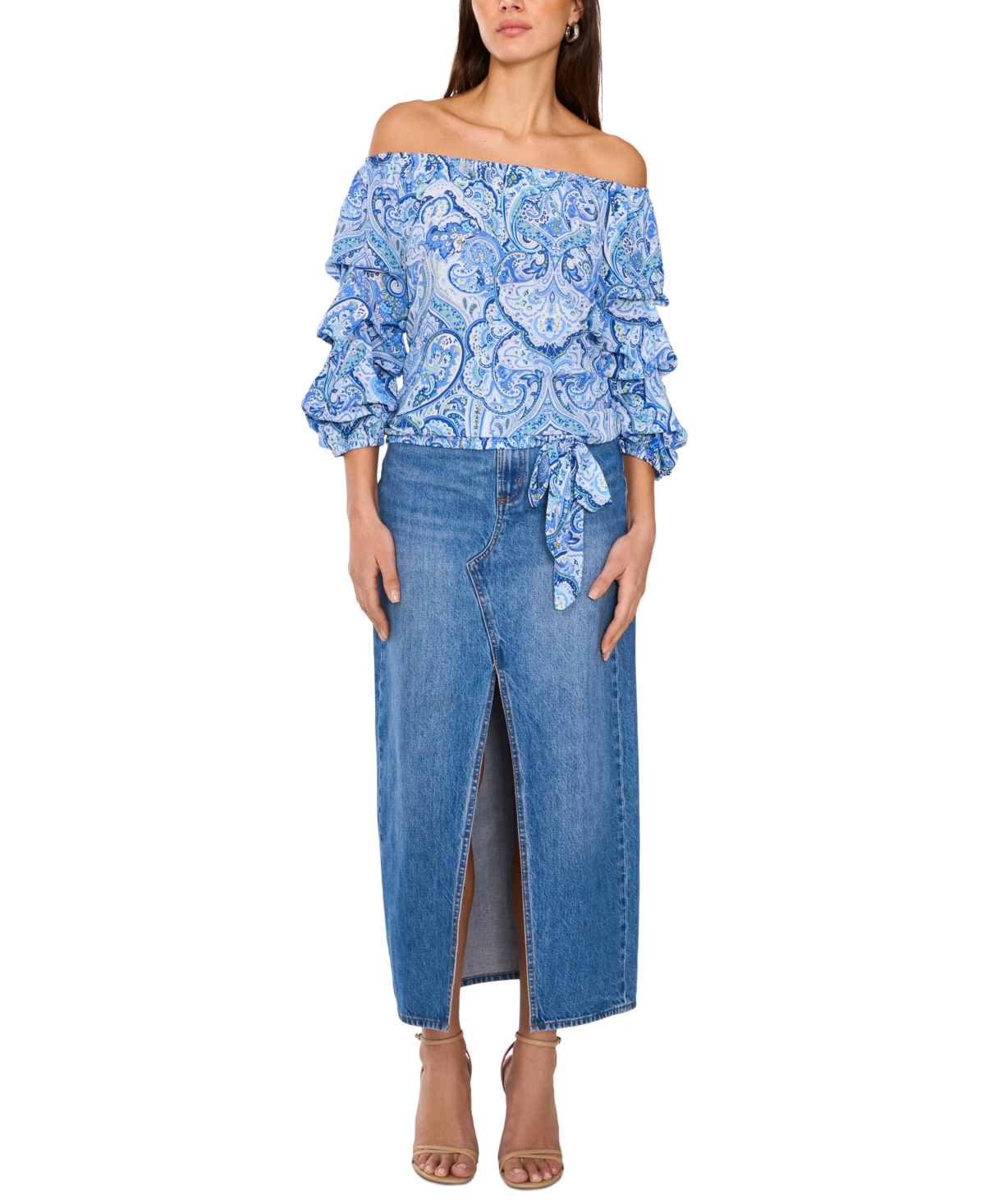 VINCE CAMUTO WOMEN'S PRINTED OFF-THE-SHOULDER BUBBLE 3/4-SLEEVE TIE-FRONT BLOUSE 
