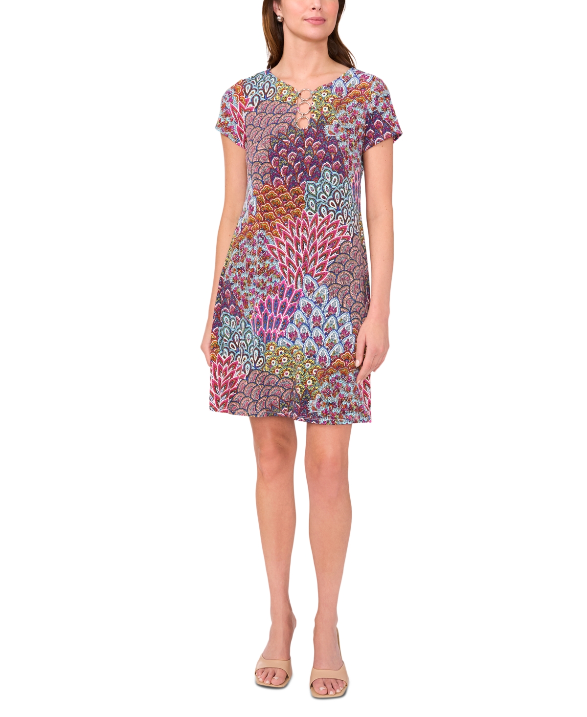 Msk Women's Three-ring Keyhole-neck Printed Jersey Dress
