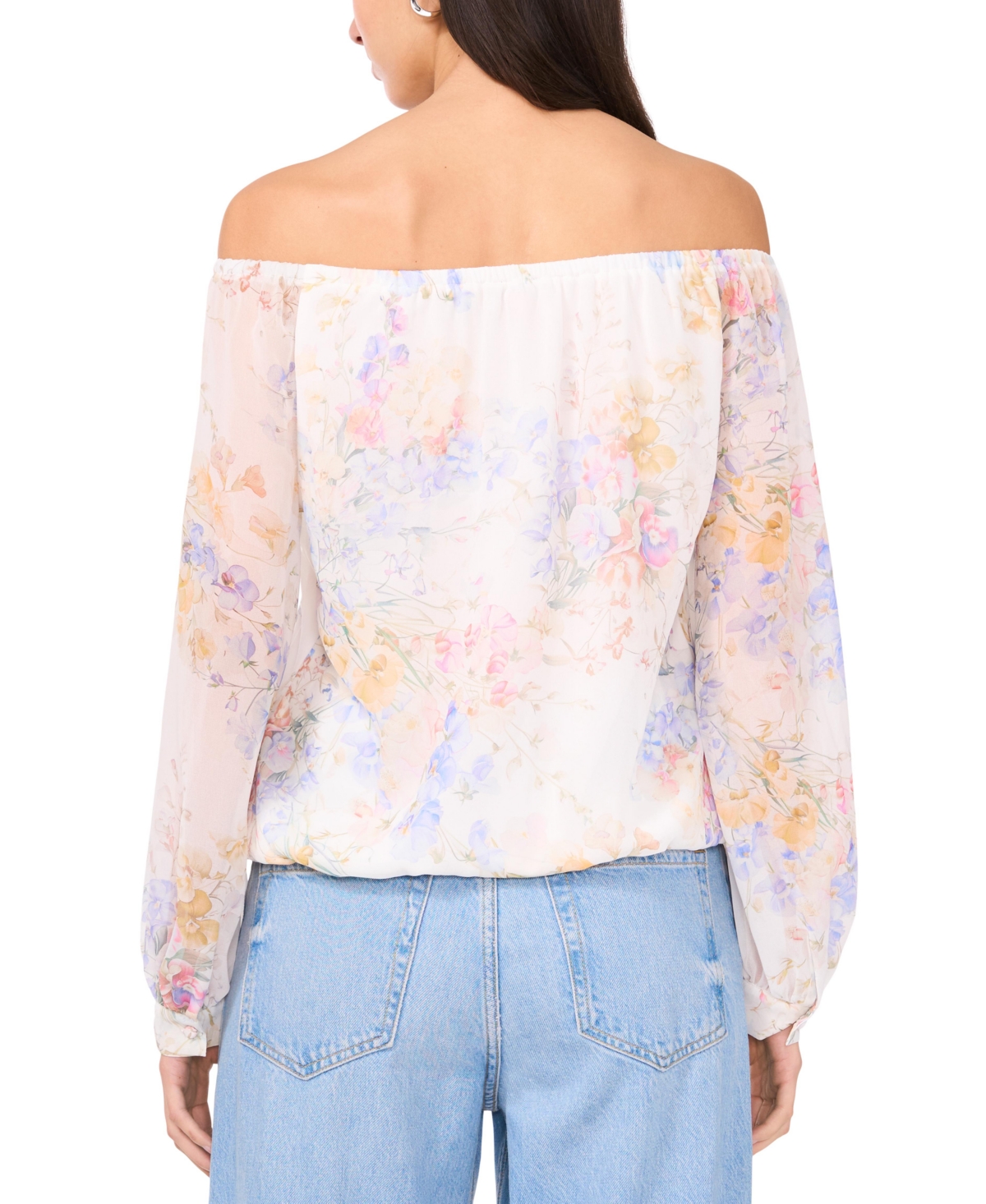 VINCE CAMUTO WOMEN'S FLORAL OFF-THE-SHOULDER LONG-SLEEVE TIE-FRONT BLOUSE 