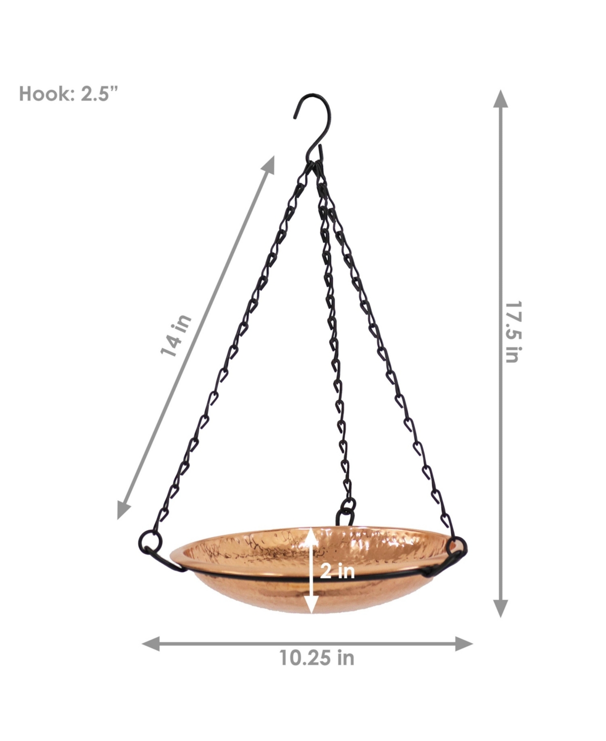 Outdoor Hand-Hammered Hanging Bird Bath or Bird Feeder with Detachable Bowl and Hanging Chain - Copper - 17.5"