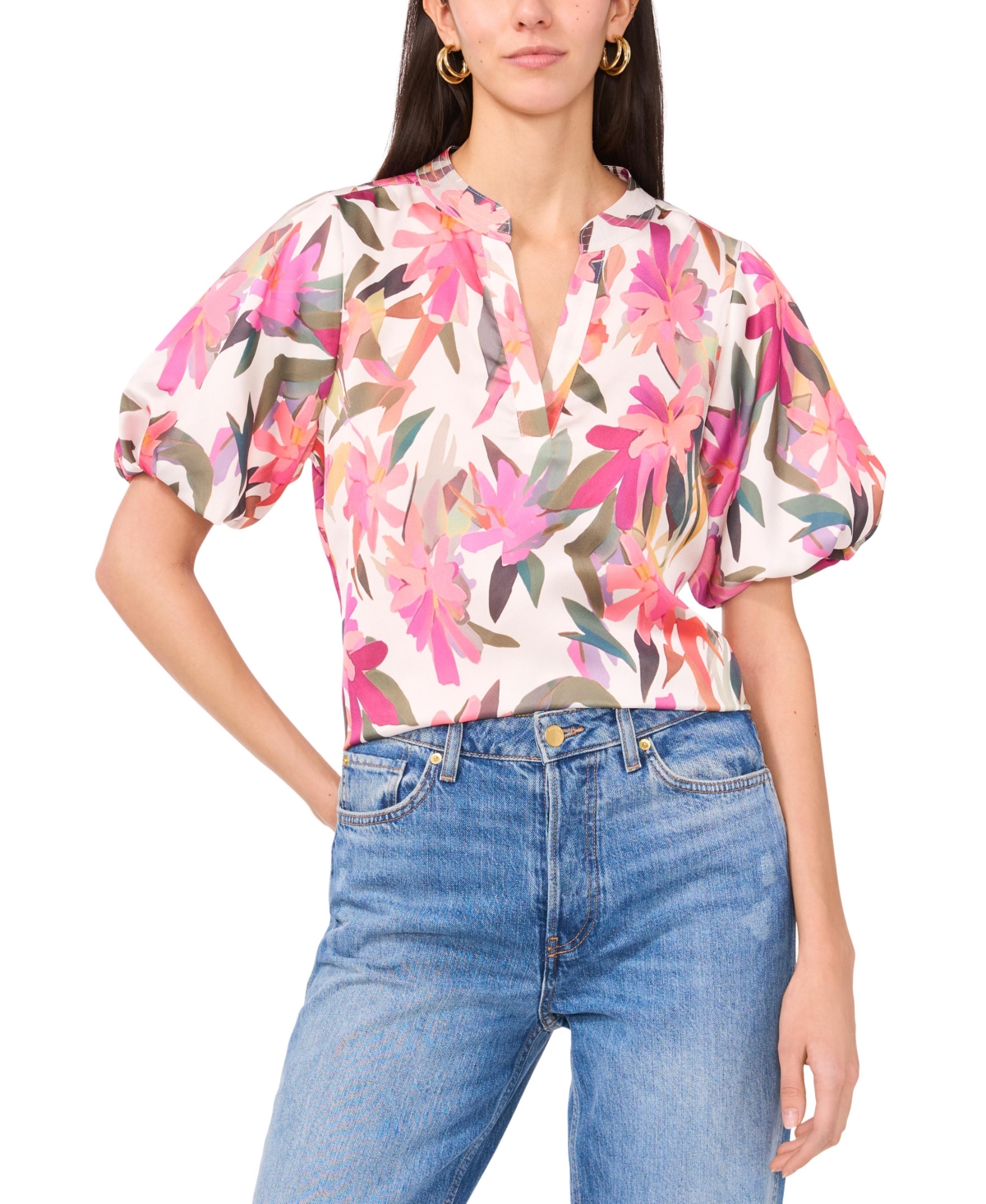 Vince Camuto Women's Split-neck Floral-print Top