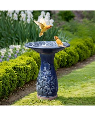 Blue Petals and Vines 22-Inch Tall Ceramic Birdbath