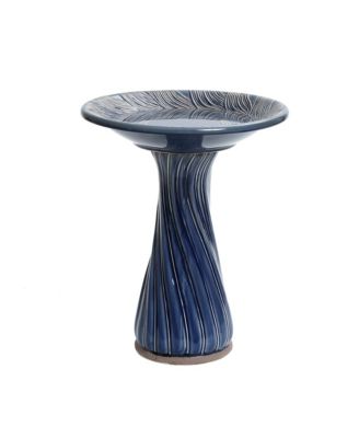 Blue Leaves and Swirl 22-Inch Tall Ceramic Birdbath
