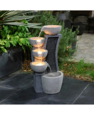 5-Bowl Multi-Gray Modern Sculpture 26-Inch Tall Resin Fountain with Lights