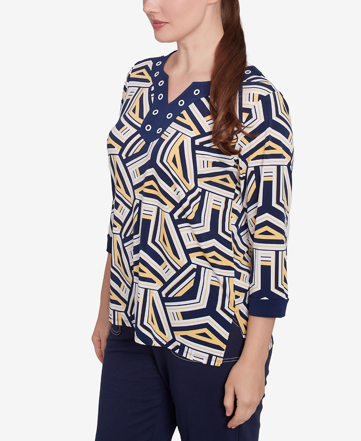 Alfred Dunner Plus Size Block Island Geometric Grommet Trim Top In Navy Multi