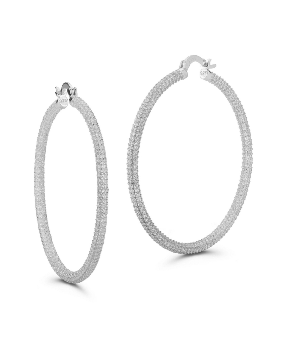 Sterling Silver Large Pave Hoop Earrings - Silver