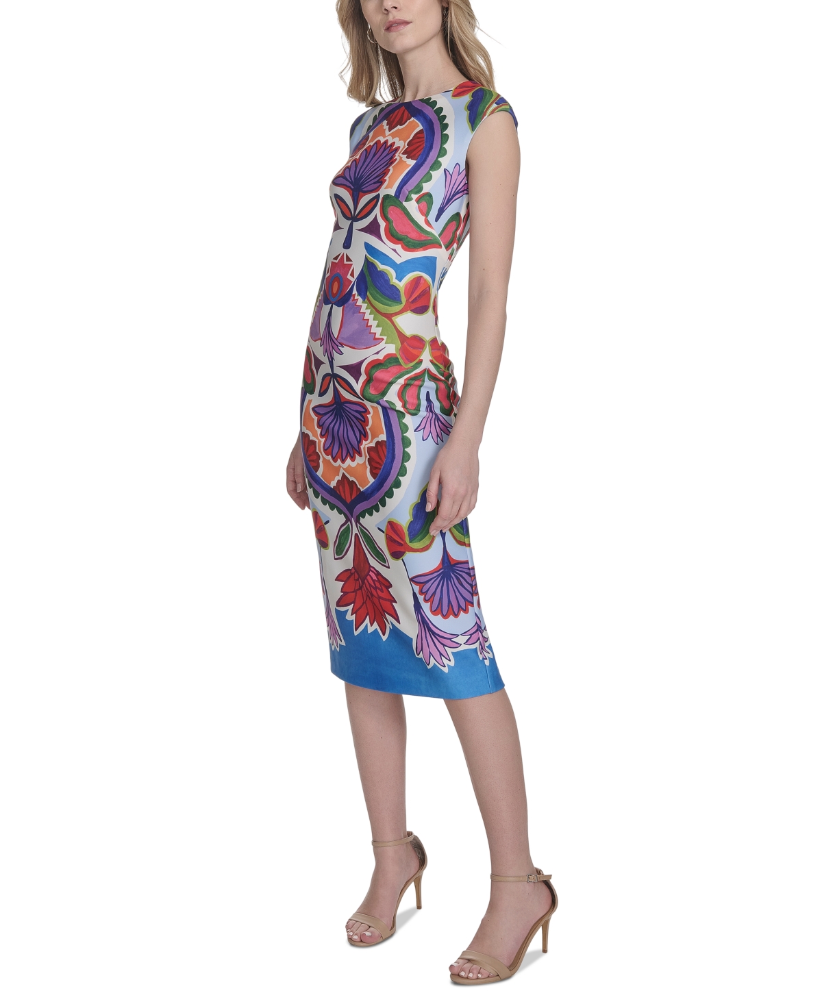 Vince Camuto Petite Placement-print Cap-sleeve Midi Dress In Blue