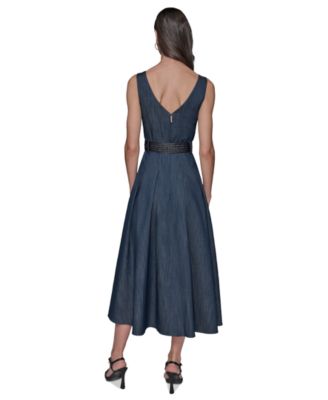 KARL LAGERFELD PARIS Women's Belted Stretch Denim Midi Dress - Macy's