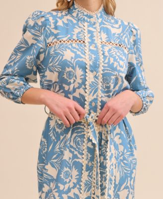 Women's Cotton Belted Puffed-Shoulder Dress