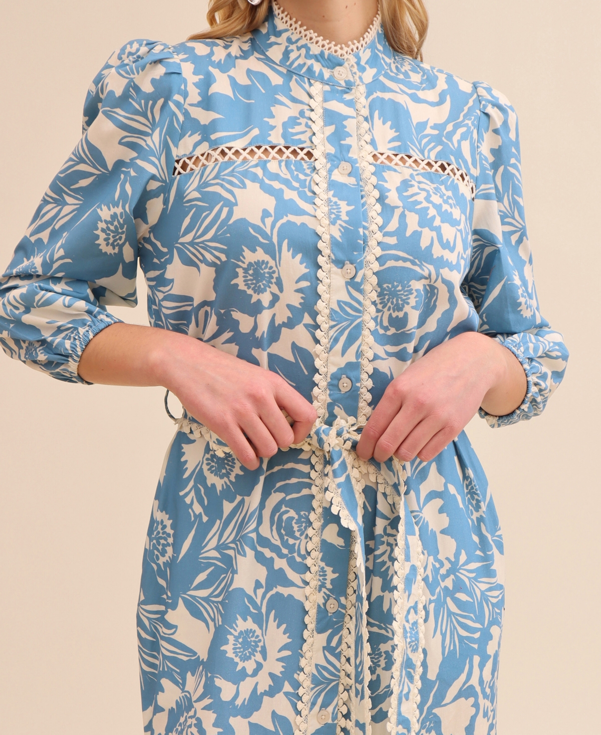 Avec Les Filles Floral Print Long Sleeve Cotton Poplin Dress In Blue Vintage Floral