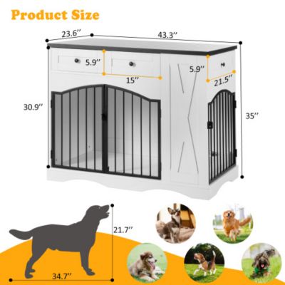 43.3inch Farmhouse Dog Crate Furniture Heavy Duty Dog Kennel with 3 Drawers and Feeder White