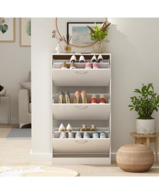 Wooden 3-door white shoe cabinet, shutter door drawers, multi-purpose shoe rack with adjustable shelves