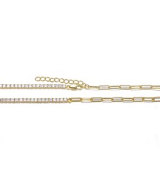 14K Gold Plated with Clear Cubic Zirconia Half Tennis Half Link Necklace