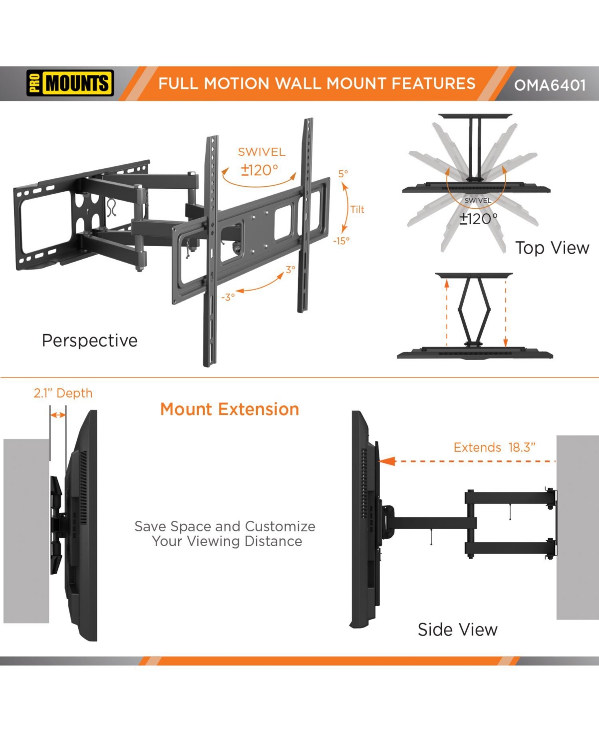 ProMounts Full Motion Tv Wall Mount for TVs 37" to 92" Up to 88 lbs