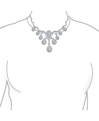  Art Deco Collar Necklace Set with Teardrop CZ and Earrings Silver Plated