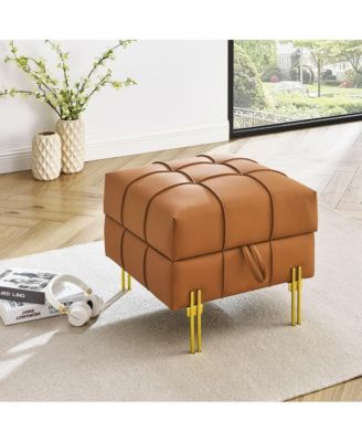 Anti-Scratch PU Leather Storage Ottoman, Upholstered Footstool with Gold Stainless Steel Legs for Bedroom or Living Room