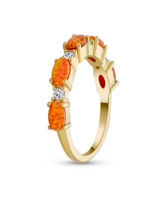 Open Leaf CZ Stackable 1/2 Eternity Oval Orange Blue Pink Created Opal Ring Gold Plated .925 Sterling Silver