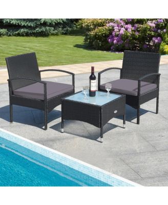 3 PCS Patio Wicker Rattan Furniture Set Coffee Table & 2 Rattan Chair w/ Cushion