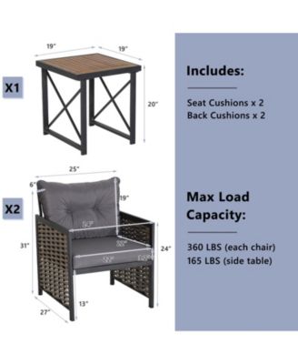 3PCS Rattan Furniture Set Acacia Wood Coffee Table & 2 Chairs Backyard Patio