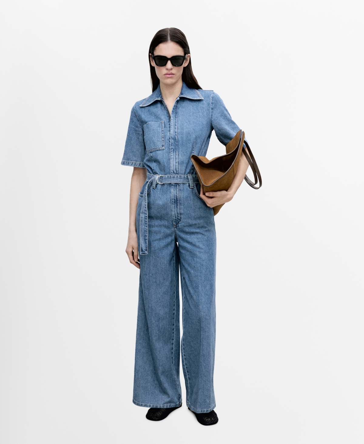Women's Denim Belt Jumpsuit - Medium Blue