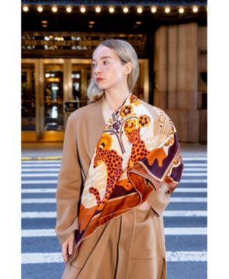 Double Sided Wool Silk Scarf Of Leopards With Floral Fountain