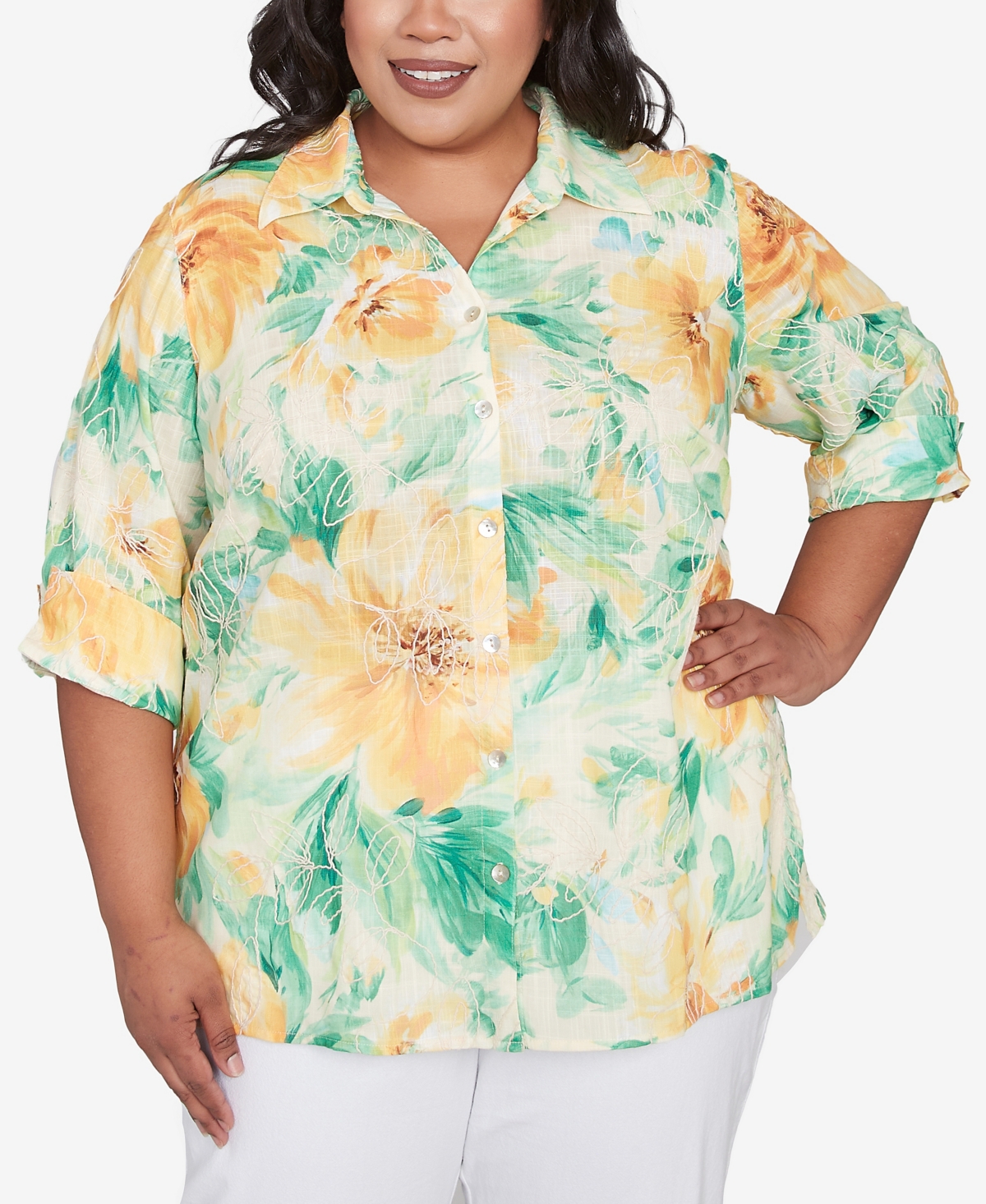 Plus Size Rise and Shine Watercolor Floral Tie Sleeve Button Down Top - Lime Multi