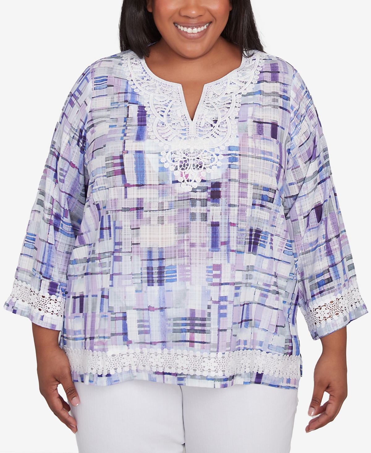 Alfred Dunner Plus Size Crystal Springs Watercolor Plaid Lace Neck Top In Lilac