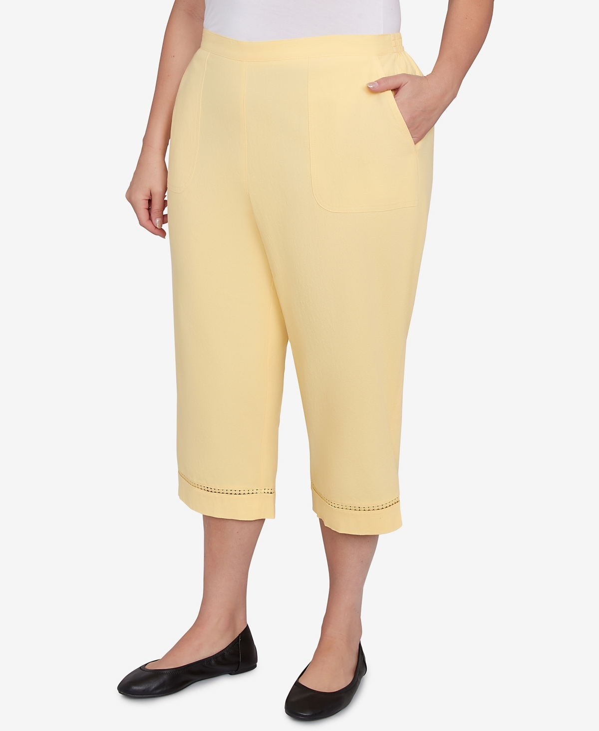Alfred Dunner Plus Size Rise And Shine Lace Dotted Trim Capri Jacket In Lemon
