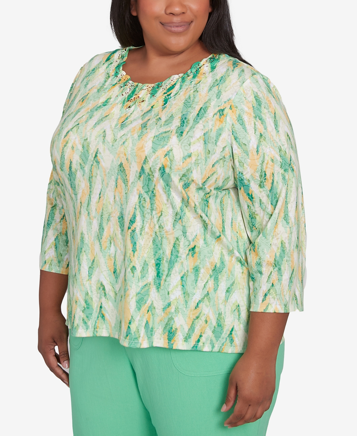 Alfred Dunner Plus Size Rise And Shine Bright Textured Strokes Embellished Top In Lime Multi
