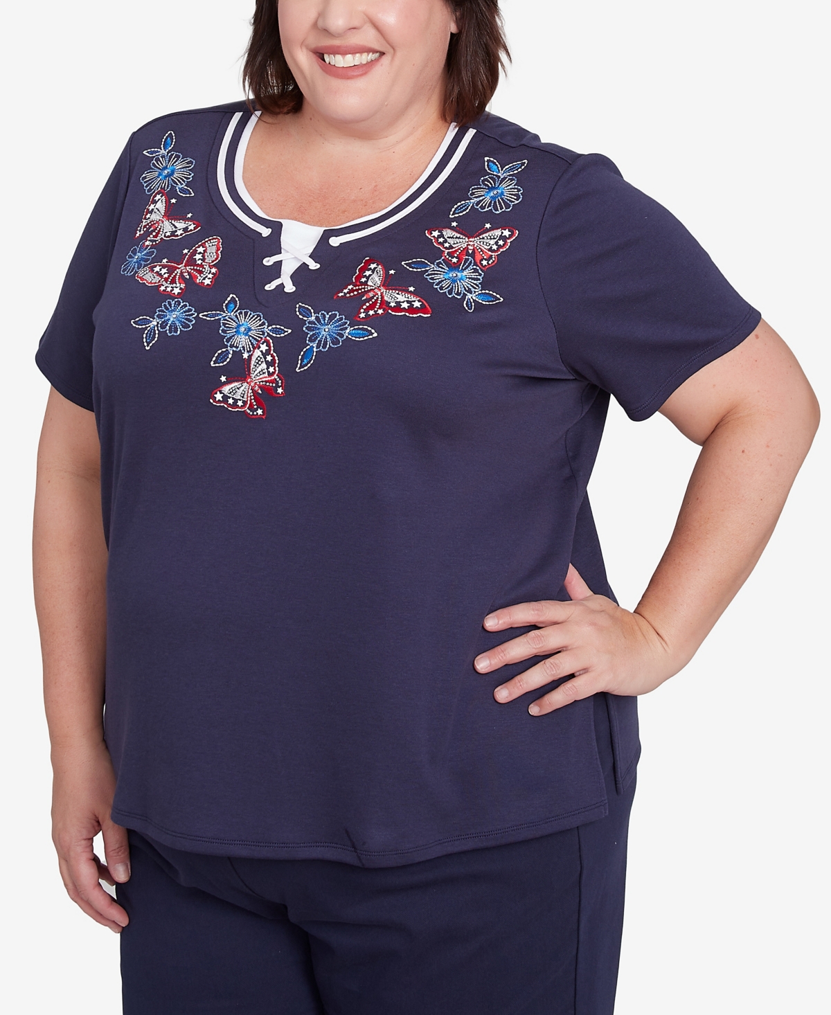 Alfred Dunner Plus Size Land Of The Free Butterfly Criss-cross Crew Neck Top In Navy