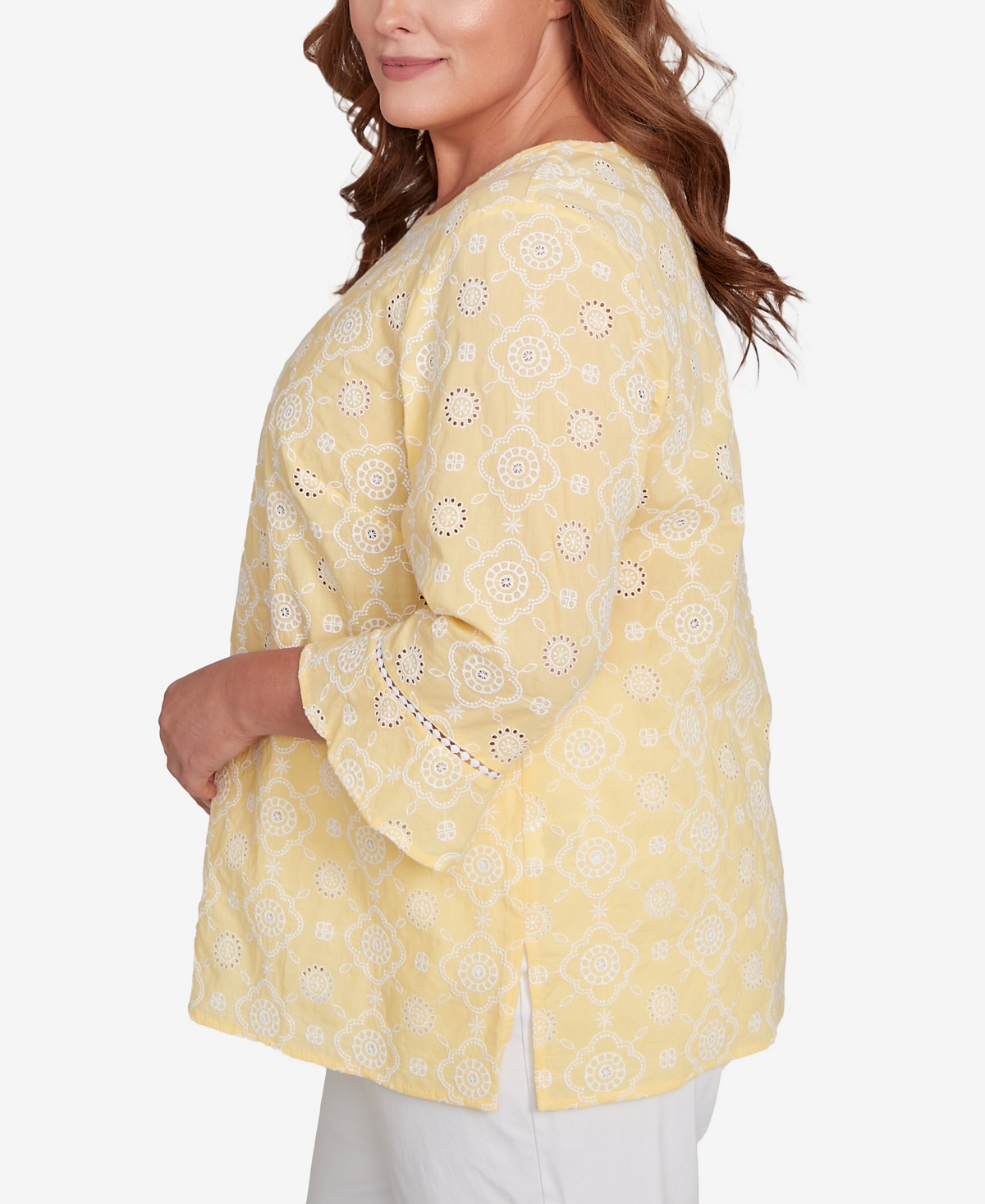Alfred Dunner Plus Size Rise And Shine Embroidered Floral Eyelet Bell Sleeve Top In Lemon