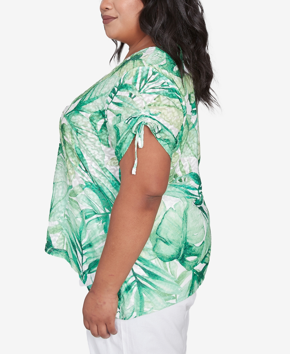 Alfred Dunner Plus Size Rise And Shine Monotone Tropical Leaf Top In Lime
