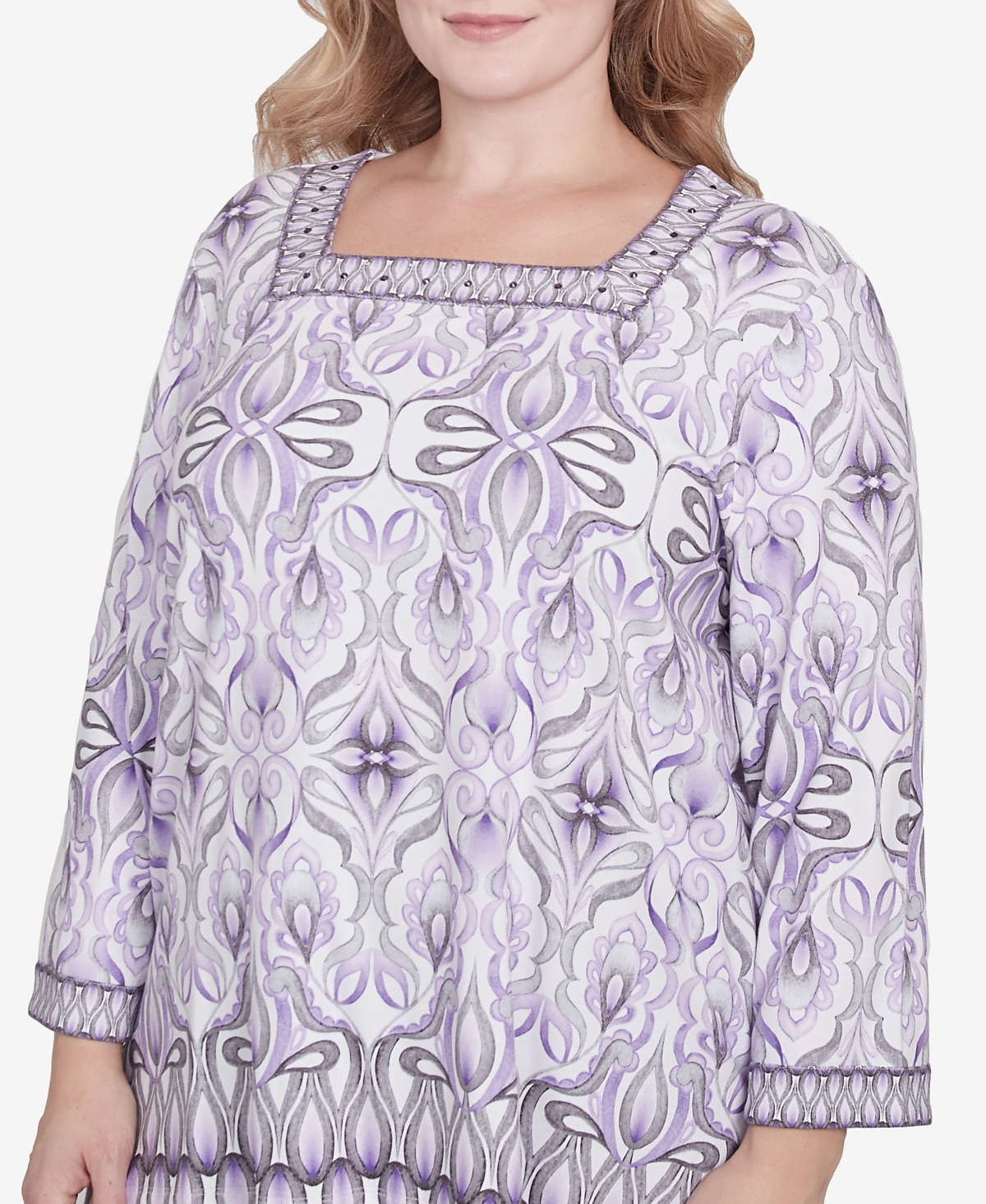 Alfred Dunner Plus Size Crystal Springs Border Square Neck Top In Lilac Multi
