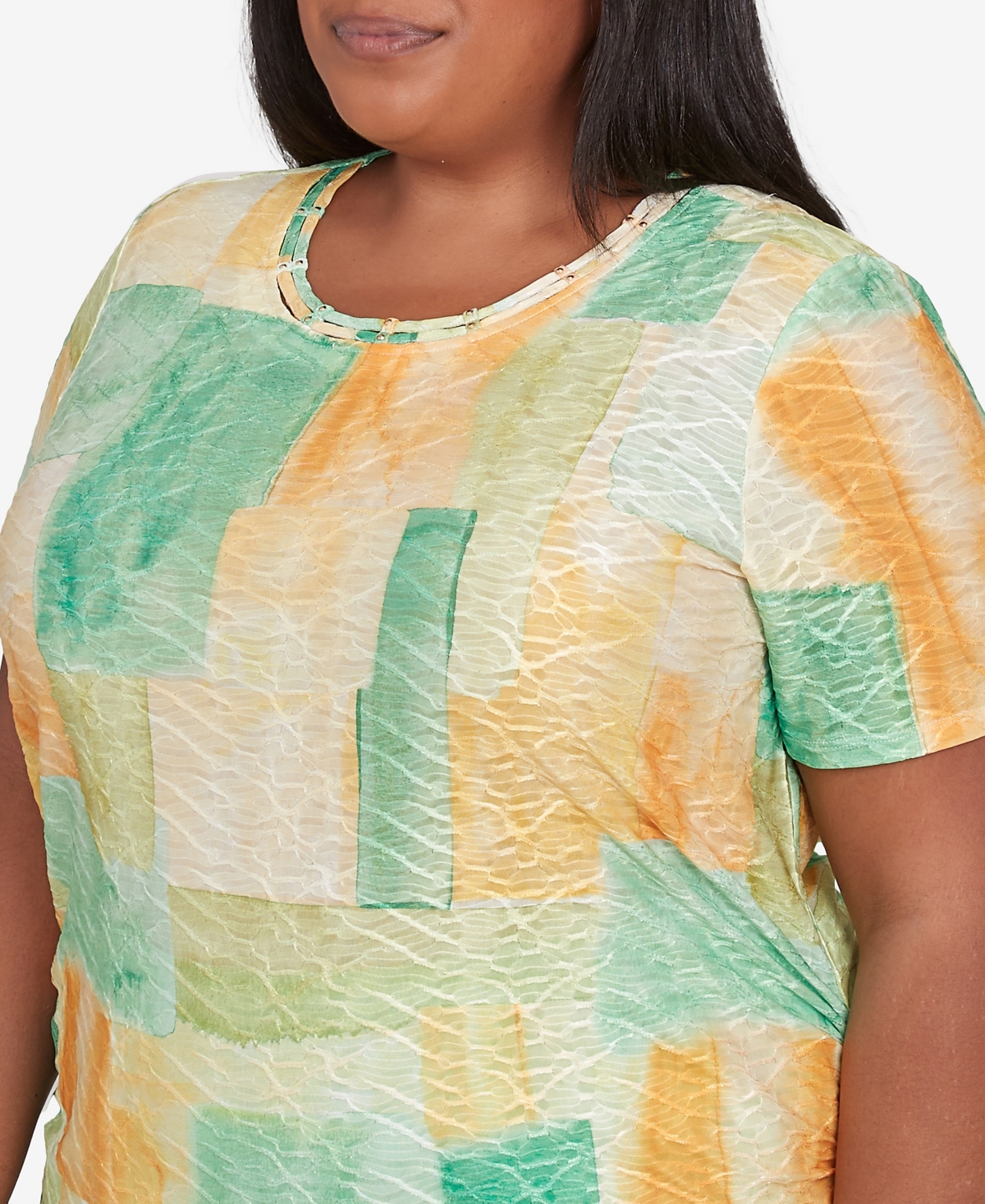 Alfred Dunner Plus Size Rise And Shine Textured Patch Short Sleeve Top In Lemon Multi