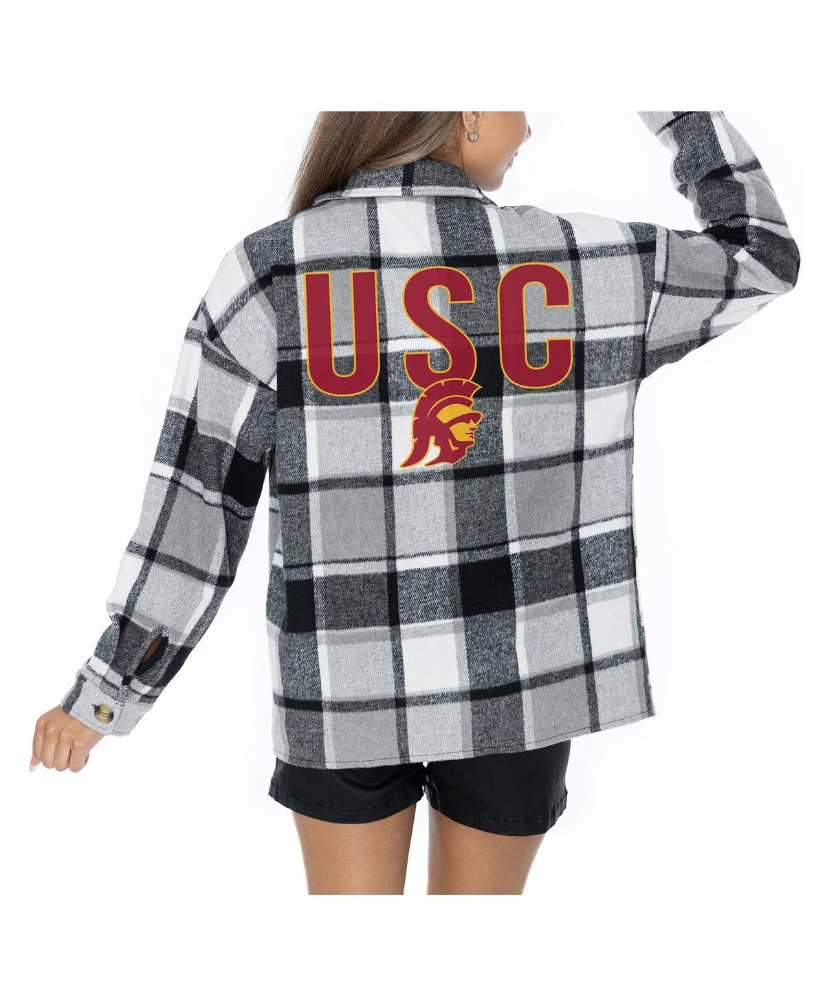 Shop Gameday Couture Women's Grey Usc Trojans Long Sleeve Brushed Plaid Button-up Overshirt Jacket In Gray