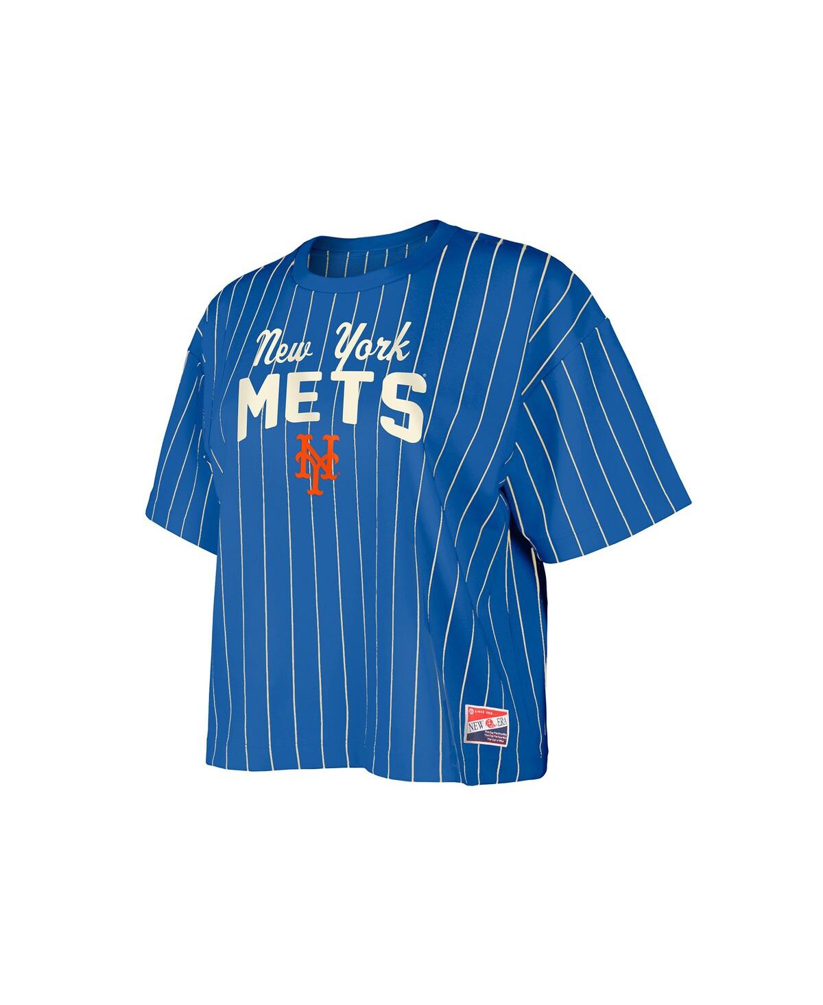 NEW ERA WOMEN'S ROYAL NEW YORK METS COOPERSTOWN COLLECTION MULTIPLIER PINSTRIPE CROPPED T-SHIRT 