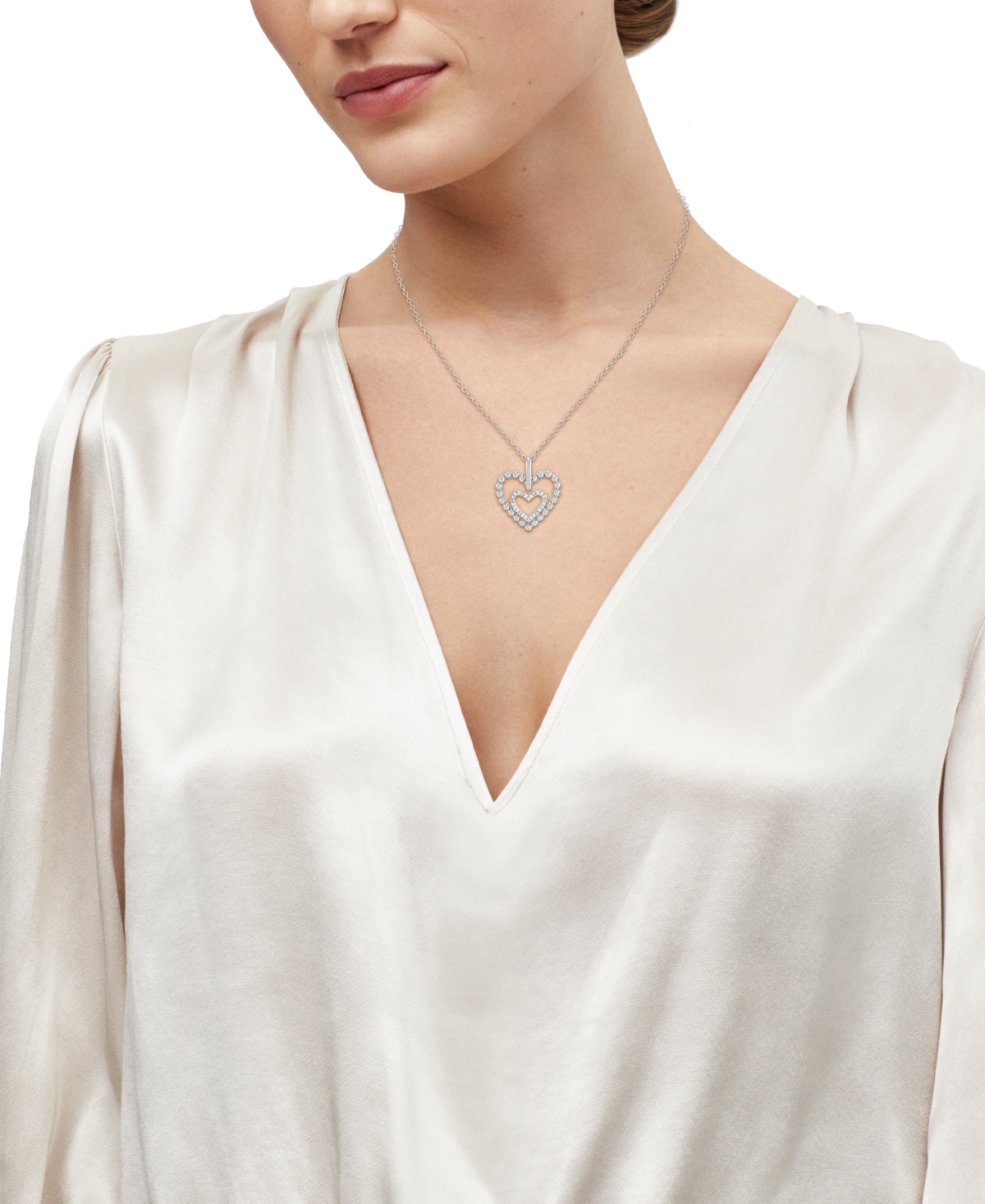 MACY'S DIAMOND DOUBLE HEART PENDANT NECKLACE (1/10 CT. T.W.) IN STERLING SILVER, 16" + 2" EXTENDER 