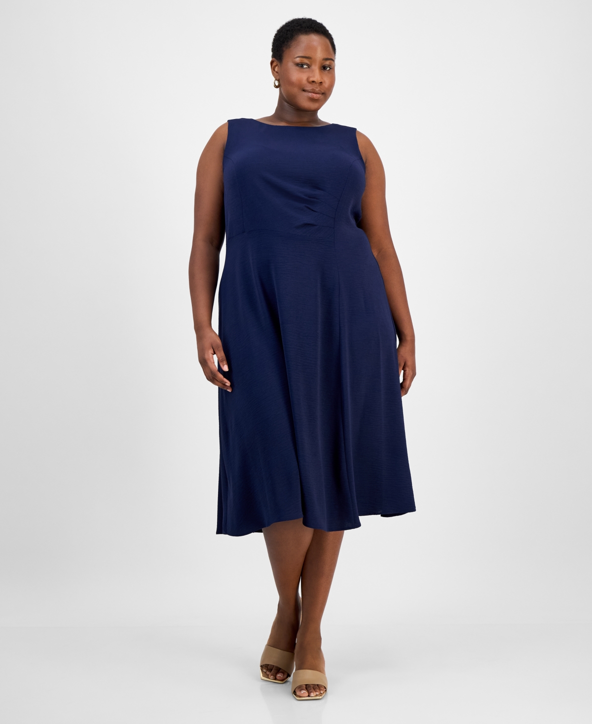 Plus Size Sleeveless Boat-Neck Midi Dress - Navy