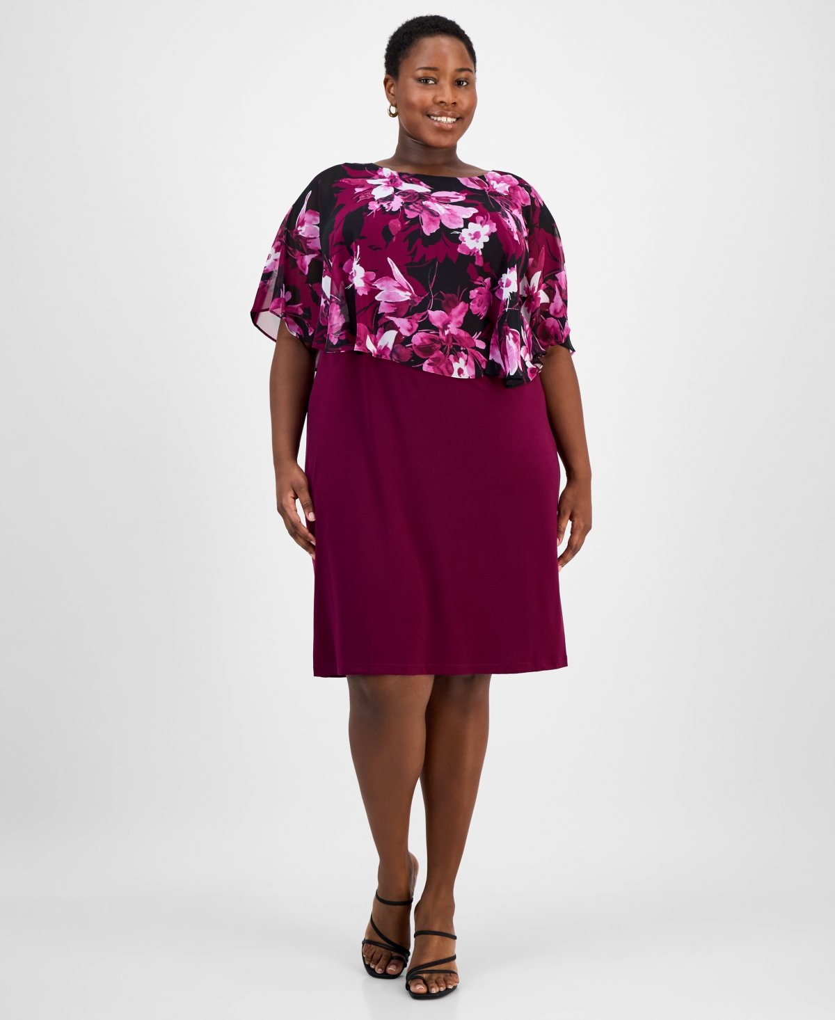 Connected Plus Size Floral-print Capelet Sheath Dress