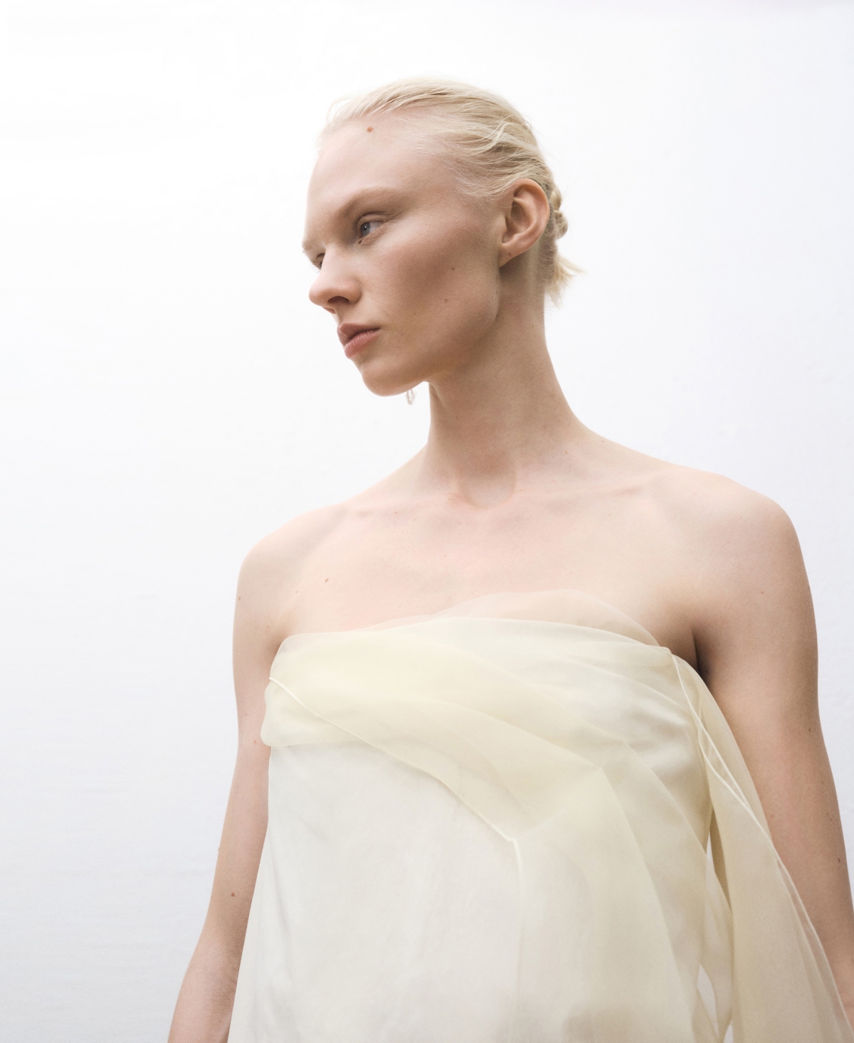 Mango Strapless Mixed Media Chiffon Dress In Ecru