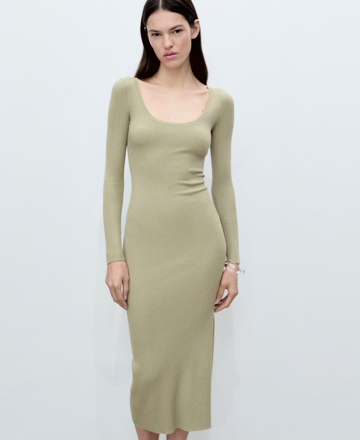 Women's Ribbed Knit Midi Dress - Khaki