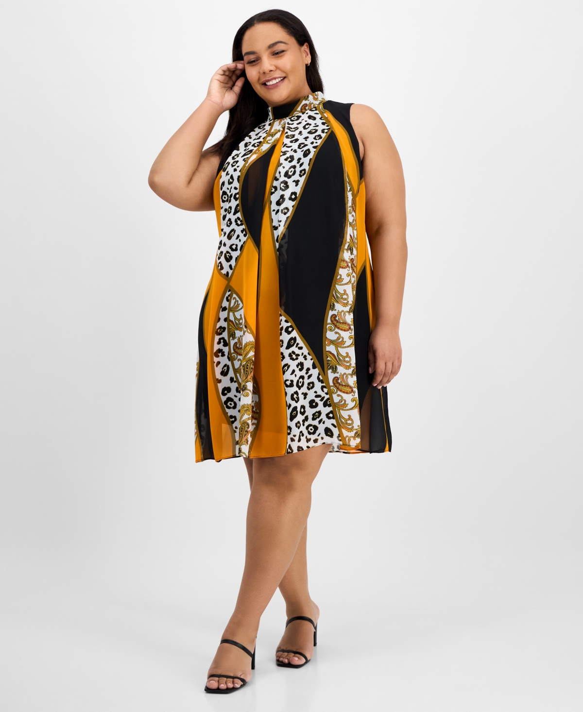 Plus Size Printed Mock-Neck Sleeveless Shift Dress - Orange