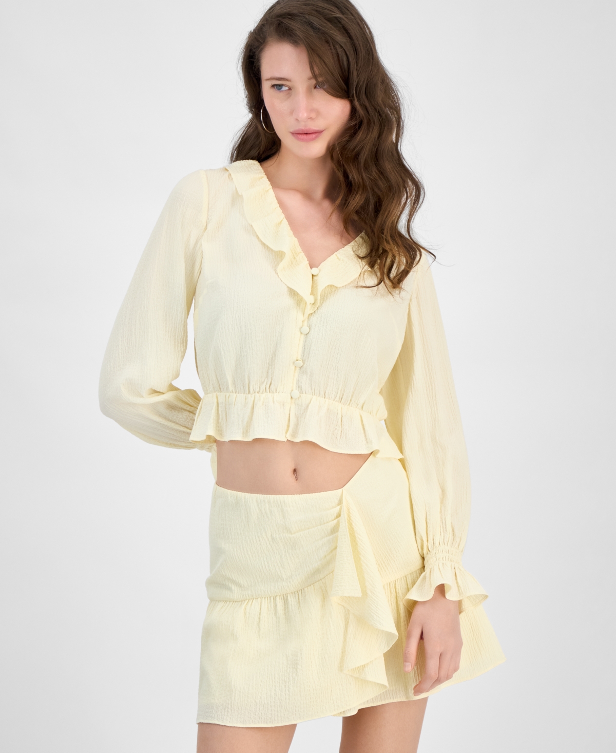 Guess Womens Long Sleeve Button Front Shaelo Top Shaelo Gauze Mini Skirt