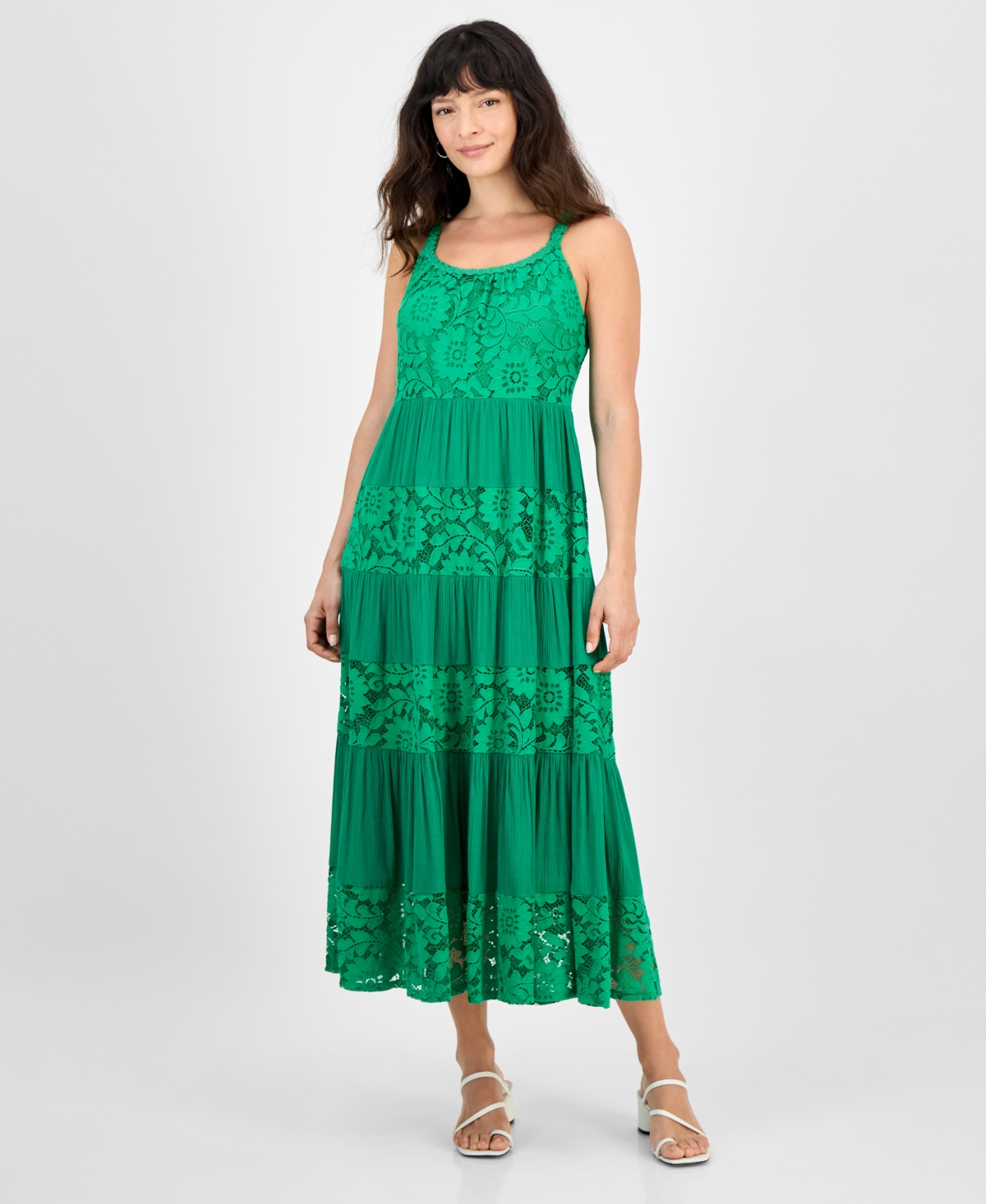 Petite Lace-Trim Sleeveless Tiered Midi Dress - Green