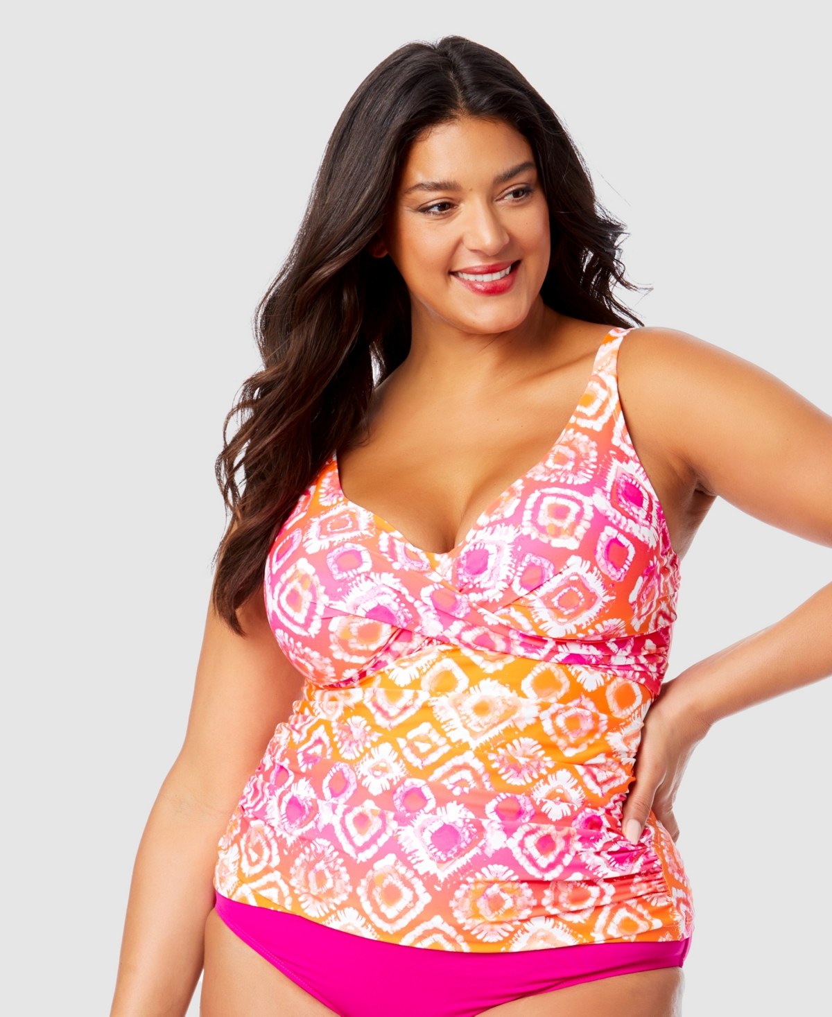 Plus Size Tie-Dyed Foulard Underwire Draped Tankini Top - Multi Color