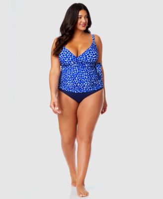 Plus Size Denim Dot Wrap Tie Tankini Top High Waist Bikini Bottoms