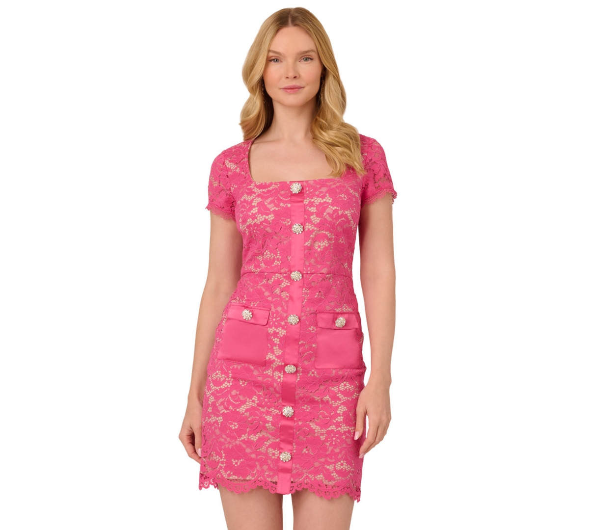 ADRIANNA PAPELL WOMEN'S BUTTON-FRONT SCALLOPED-HEM LACE DRESS 