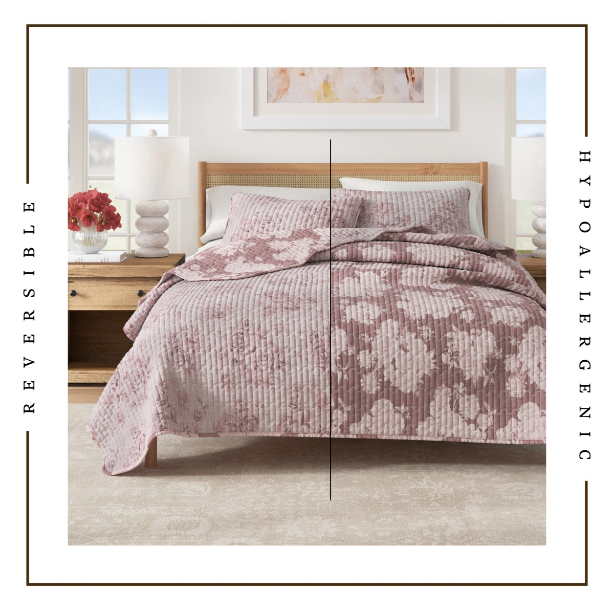 Linery & Co. Cotton Stitched Reversible Floral 3 Piece Quilt and Sham Set