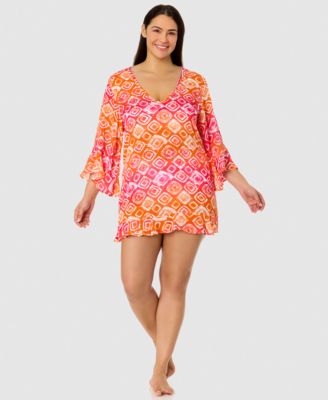 Anne Cole - Plus Size Printed Flounce Tunic Swim Cover-Up