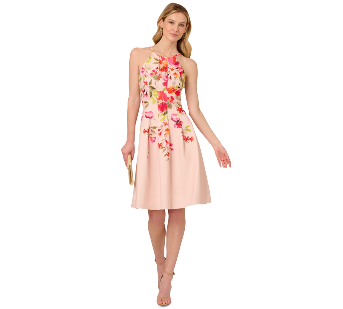 Women's Floral-Print Pleated Fit & Flare Halter Dress - Champagne Multi
